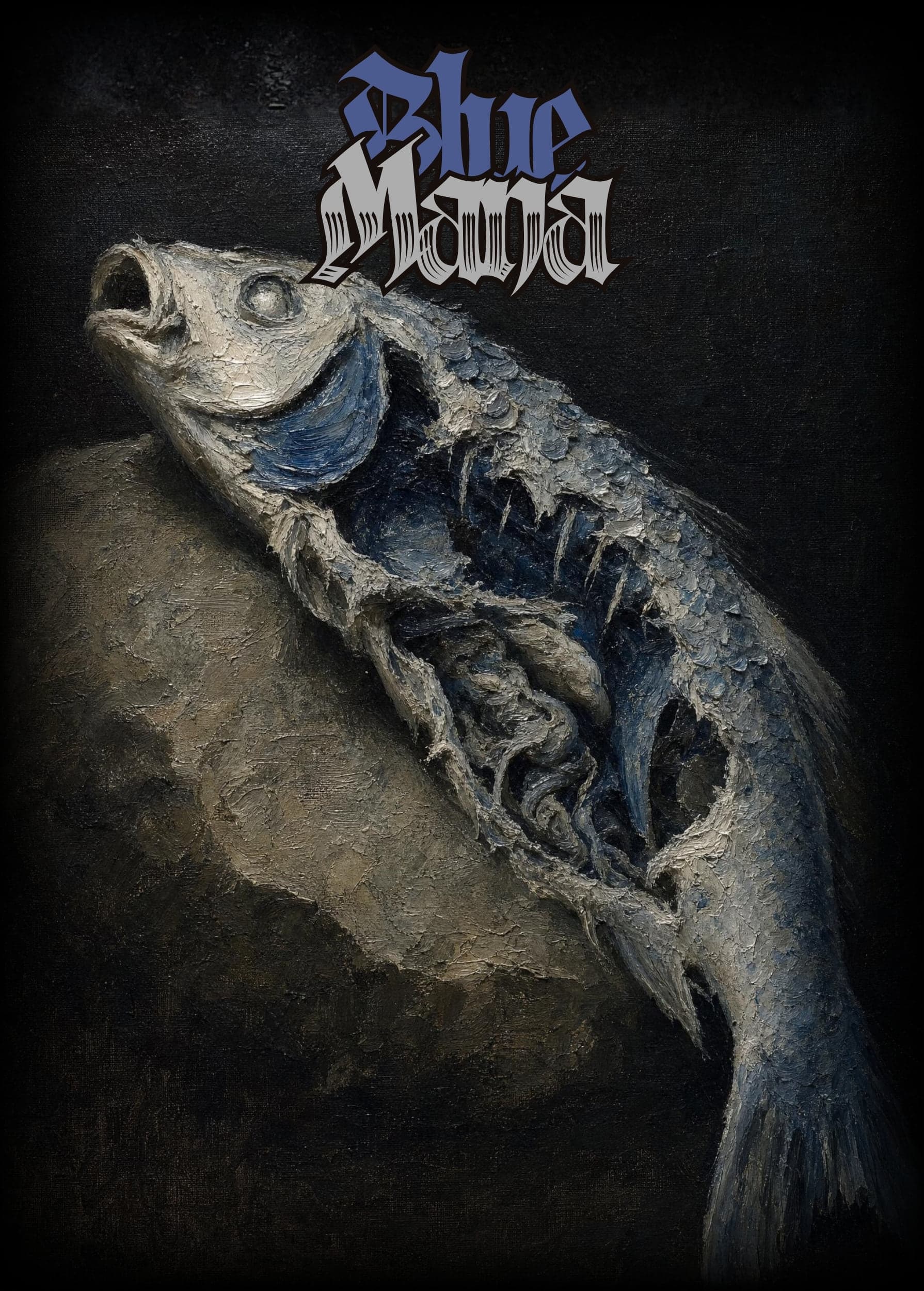 Blue mana token, a split fish skeleton over stone, shown in Holo Foil