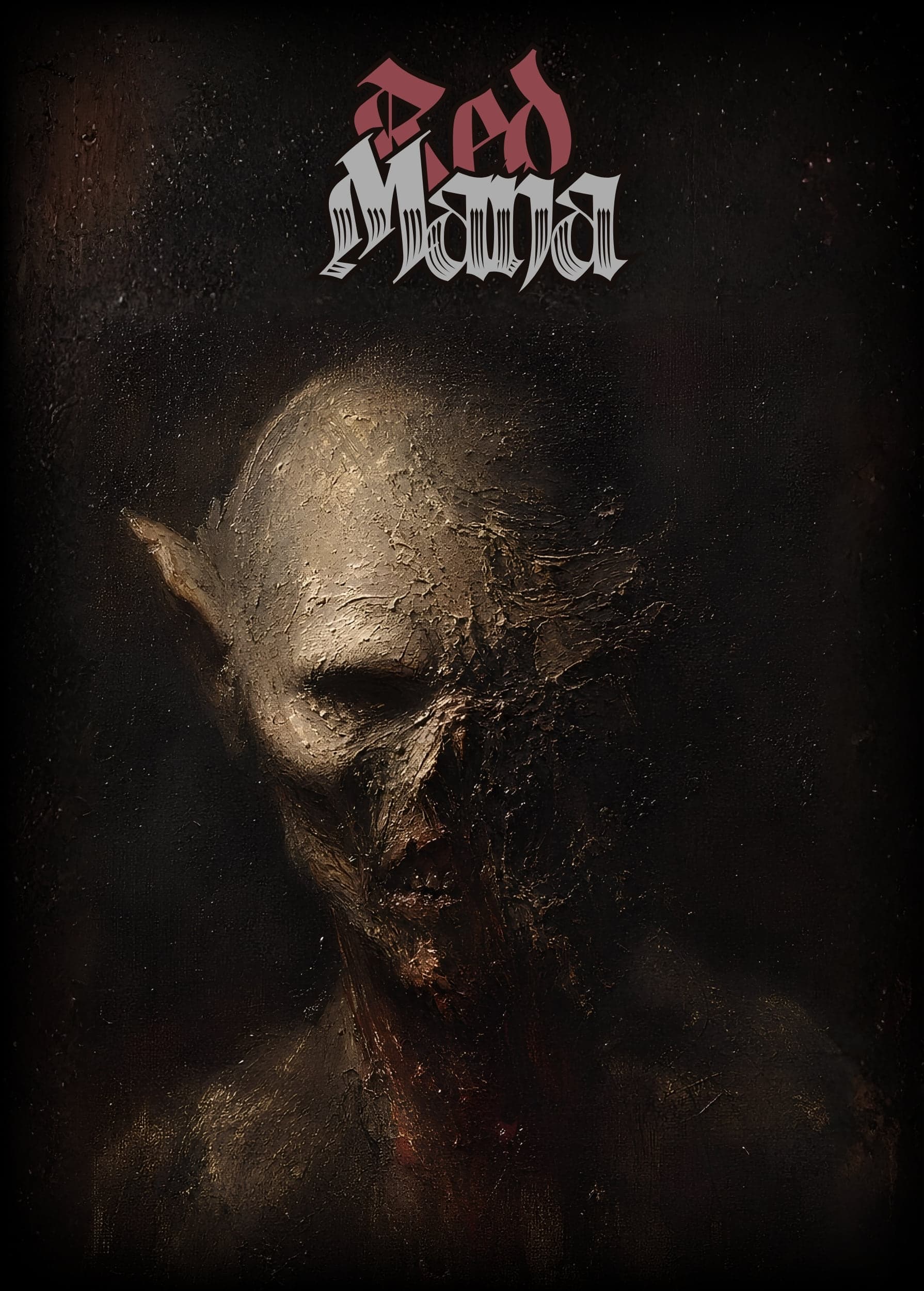 Red mana token, a burned figure in low light